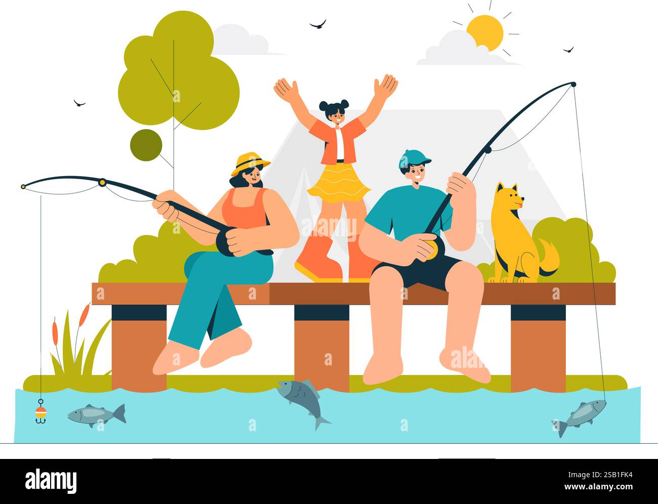 Illustrazione di un vettore per il tempo libero di pesca che offre un'esperienza di pesca con l'Angler Sport e l'esca dalla riva del lago e su una barca in un'area ricreativa Illustrazione Vettoriale