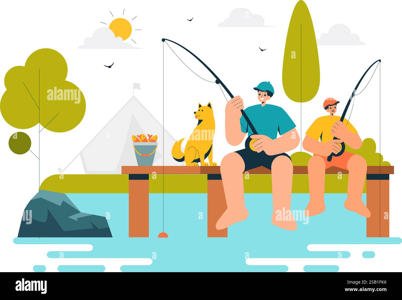 Illustrazione di un vettore per il tempo libero di pesca che offre un'esperienza di pesca con l'Angler Sport e l'esca dalla riva del lago e su una barca in un'area ricreativa Illustrazione Vettoriale