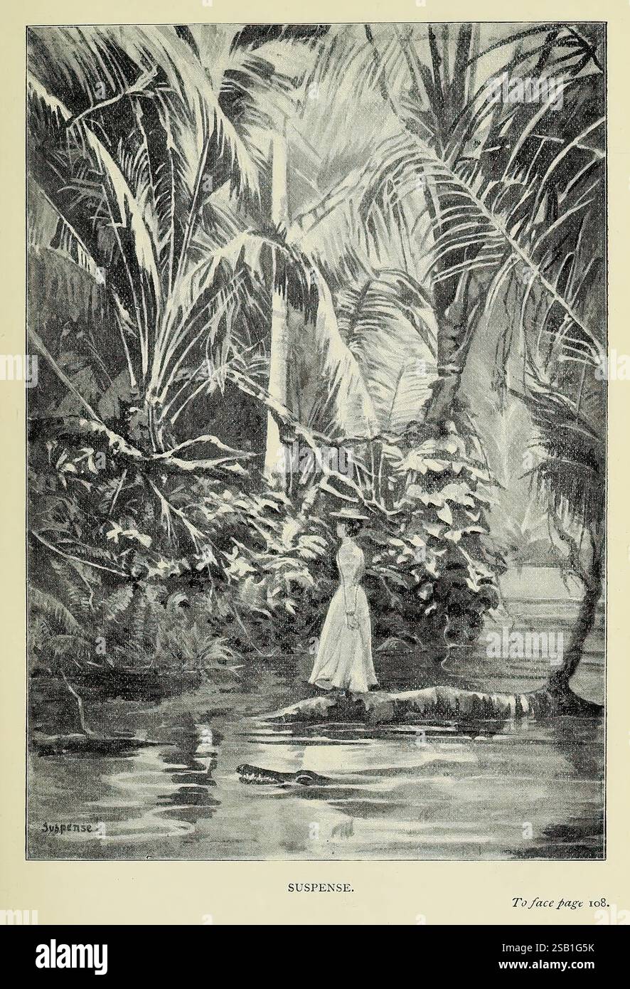 Un cacciatore di fiori nel Queensland & New Zealand, Londra, J. Murray, 1898, Australia, Botany, nuova Zelanda, Queensland, Suspense, Marian Ellis Rowan, coccodrillo, in un ambiente naturale sereno ma enigmatico, una figura solitaria si erge su un piccolo appezzamento di terra circondato da lussureggianti e fitte foglie e alte palme che creano un'atmosfera vibrante. L'acqua tranquilla riflette il verde circostante, esaltando il senso di quiete. La figura, vestita con un abito bianco che scorre, appare contemplativa, come se fosse catturata in un momento di suspense. La scena generale evoca un senso di mistero e intrigo, invitante Foto Stock