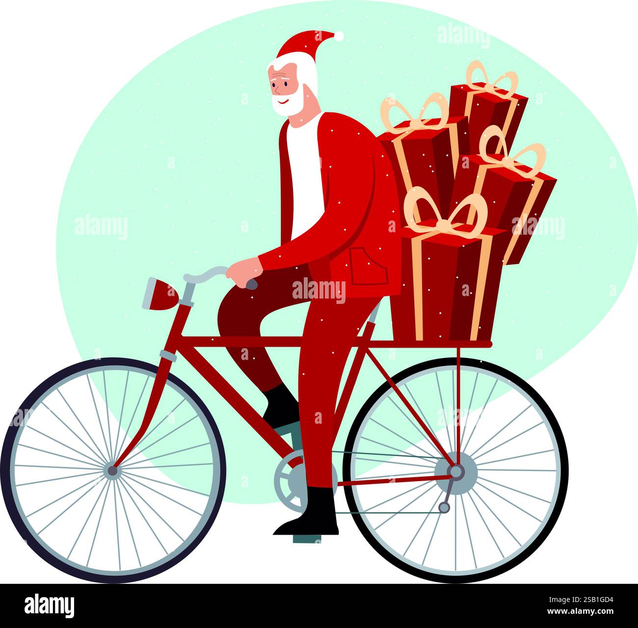 Moderno personaggio di Babbo Natale in sella alla sua bicicletta hipster. Consegna regali di Natale. Illustrazione vettoriale piatta Illustrazione Vettoriale