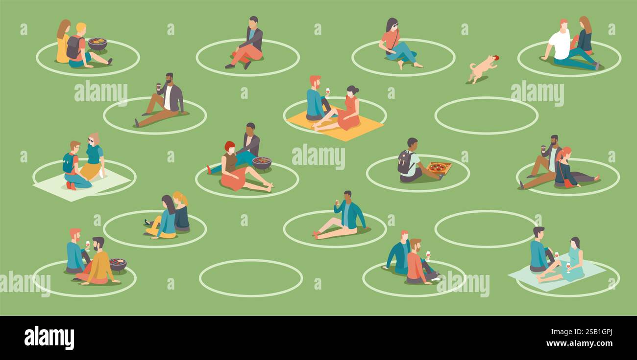 Persone che si rilassano nel parco cittadino. Cerchi sull'erba per aiutare le persone a mantenere la distanza sociale. Area barbecue. Distanziamento sociale durante il coronavirus COVID-19 qu Illustrazione Vettoriale