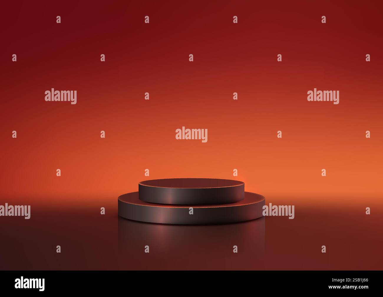 Podio nero 3D con fascia metallica su sfondo rosso sfumato. Ideale per i modelli di prodotto, il branding e la pubblicità, creando una e-mail moderna Illustrazione Vettoriale