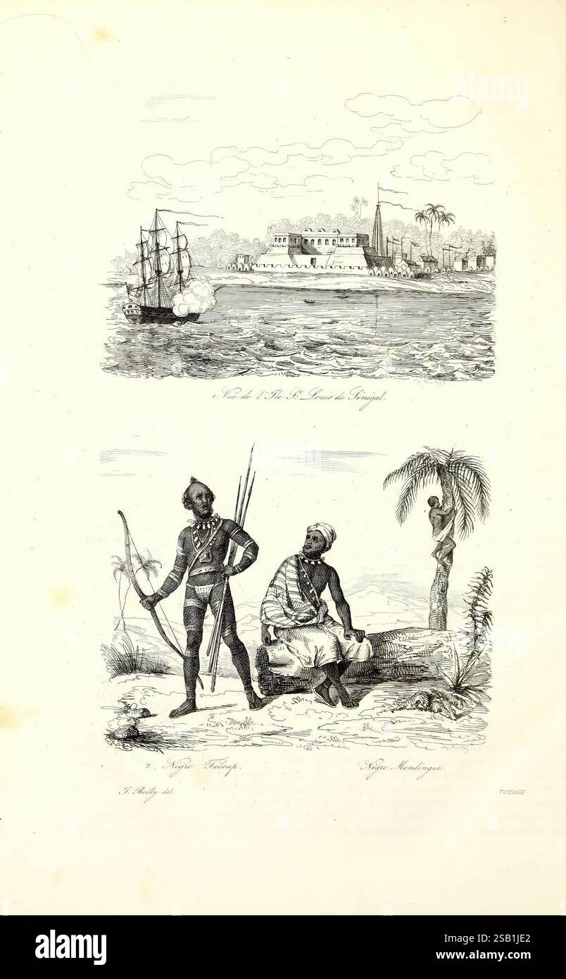 Voyage Pittoresque EN Asie et EN Afrique Paris Furne 1839 Africa Asia Discovery and Exploration Description and Travel Voyages and Travels Discoveries in Geography, la scena raffigura due illustrazioni dettagliate. L'illustrazione superiore presenta una vista costiera con una nave a vela in primo piano, che si avvicina a una struttura simile a un forte. Sullo sfondo, le palme punteggiano il paesaggio e le nuvole riempiono il cielo, creando un'atmosfera tropicale. Sotto, l'illustrazione inferiore mostra due uomini in abbigliamento tradizionale. Uno sta in piedi con sicurezza, tenendo una lancia, mentre l'altro si trova vicino, riposa Foto Stock