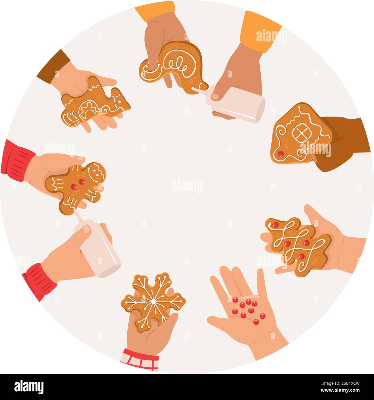 Bambini che decorano biscotti al pan di zenzero. Le mani dei bambini con i tradizionali biscotti natalizi. Illustrazione vettoriale piatta Illustrazione Vettoriale