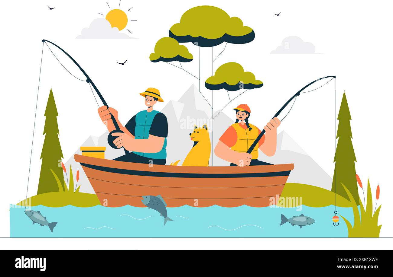 Illustrazione di un vettore per il tempo libero di pesca che offre un'esperienza di pesca con l'Angler Sport e l'esca dalla riva del lago e su una barca in un'area ricreativa Illustrazione Vettoriale