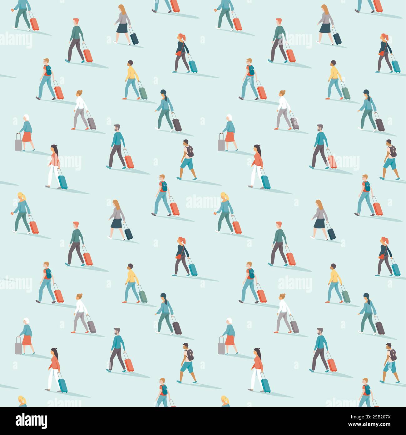 Motivo perfetto per i viaggiatori. La gente va con i bagagli. Illustrazione vettoriale piatta tema viaggi e trasporti. Illustrazione Vettoriale