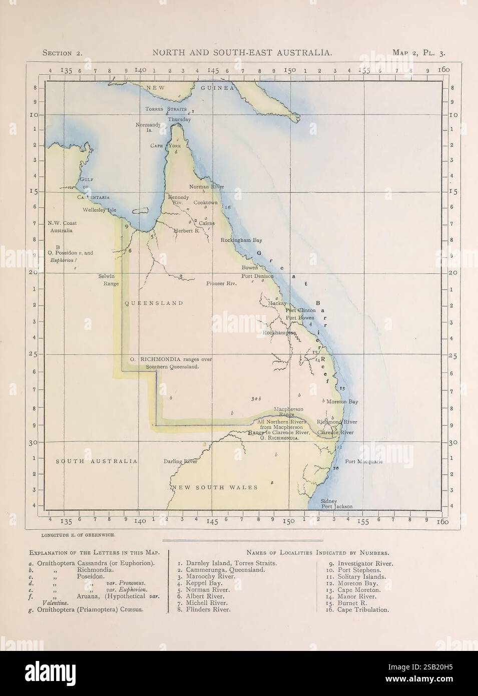 Icones, ornithopterorum, Londra, pubblicato dall'autore, Upper Norwood, London, S.. E,1898-1906 [vale a dire 1907], papilionidae., Una mappa geografica che illustra le regioni dell'Australia settentrionale e sudorientale. La mappa evidenzia vari stati e territori, tra cui il Queensland, il nuovo Galles del Sud e l'Australia meridionale, delineati da confini chiari. Caratteristiche importanti come coste, fiumi e luoghi sono marcati, con annotazioni specifiche che indicano i nomi di importanti siti geografici e punti di riferimento. La mappa include una spiegazione delle lettere utilizzate come riferimento, fornendo chiarezza sul rappresentante Foto Stock