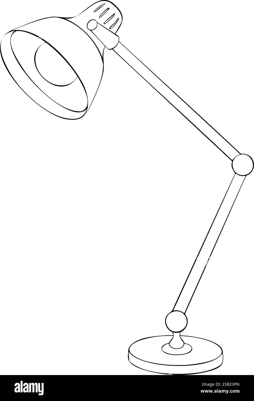 Icona della lampada da scrivania classica nera. Elemento vettoriale dell'illuminazione da tavolo con una lampadina. Figura disegnata a mano silhouette. Esaminare lo schizzo del contorno della lampada. Illustrazione Vettoriale