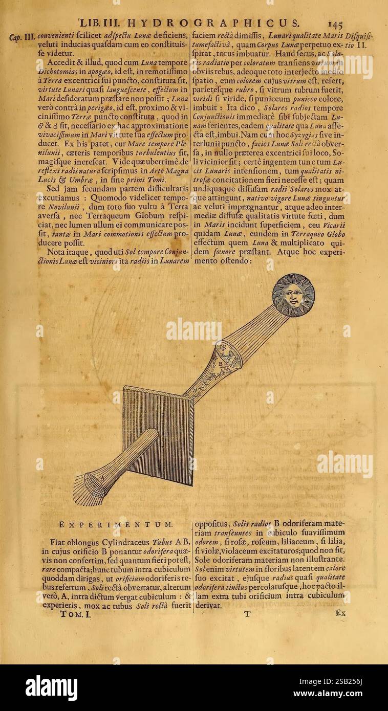 Mundus subterraneus, in XII libros digestus, Amstelodami, apud Joannem Janssonium à Waesberge & filios, 1678, scienza, storia naturale, geologia, la pagina presenta un estratto di un testo storico intitolato "LIB. III. HYDROGRAPHICUS." In alto, il testo approfondisce i principi dell'idrografia, probabilmente discutendo della navigazione marittima o delle misurazioni dell'acqua. Sotto il testo principale, c'è un'illustrazione etichettata "EXPERIMENTUM", che raffigura uno strumento scientifico progettato per scopi sperimentali. Questo strumento assomiglia a una combinazione di una spatola e un tubo cilindrico, probabilmente utilizzato per demonstr Foto Stock
