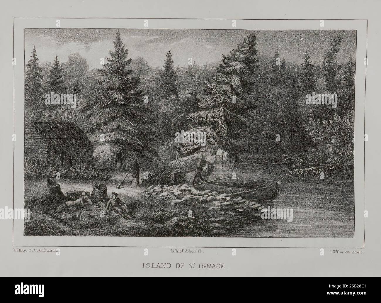 Lago, ITS superiore, carattere, vegetazione, e animali, confrontati, con, di, altre, simili, regioni, Boston, Gould, Kendall, e Lincoln, 1850., Un tranquillo paesaggio caratterizzato da una piccola capanna rustica annidata tra alberi alti, con fumo che sale dal suo camino, che suggerisce un fuoco caldo all'interno. Nelle vicinanze, un gruppo di persone è impegnato in varie attività, tra cui la pesca e la preparazione del cibo. Una canoa scivola dolcemente lungo un fiume tranquillo, riflettendo il fogliame circostante e la tranquillità dell'ambiente. L'aspra bellezza della natura è enfatizzata dalla fitta linea di alberi e dal lontano hi Foto Stock