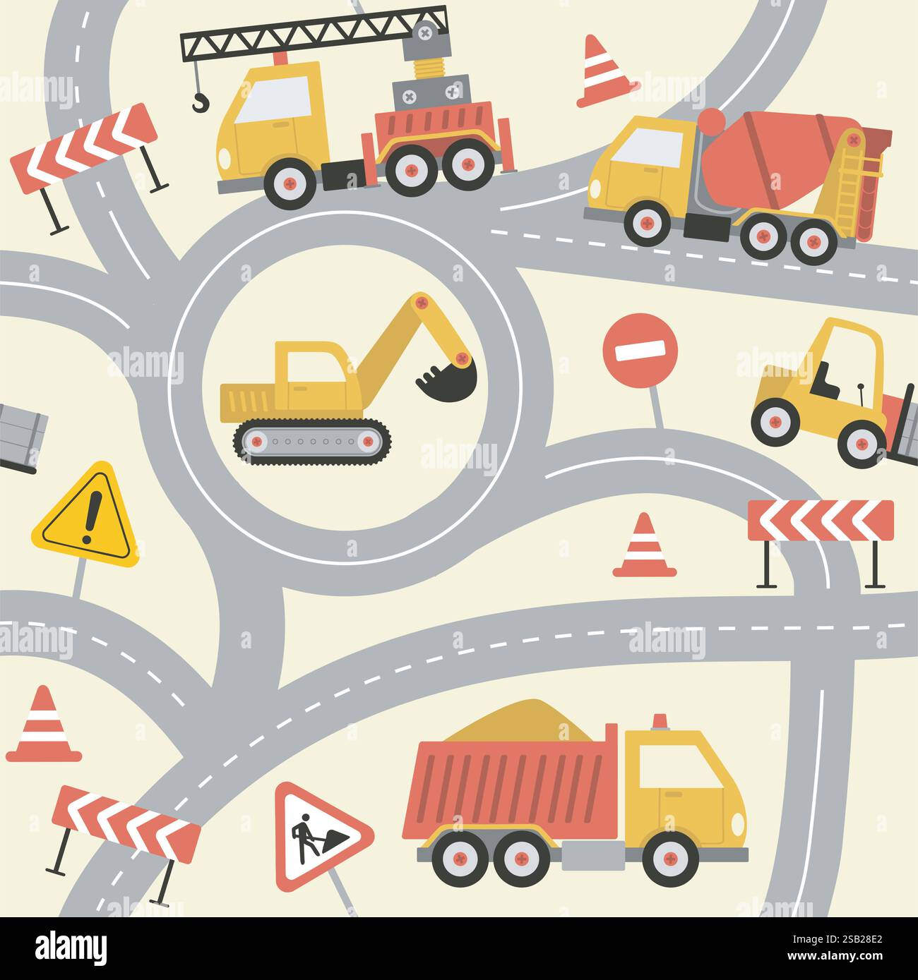 Cantiere di costruzione di strade in stile cartoni animati per carta da parati, tessuto e design tessile. Simpatico schema senza cuciture per bambini con cassone ribaltabile giallo, escavatore, Illustrazione Vettoriale