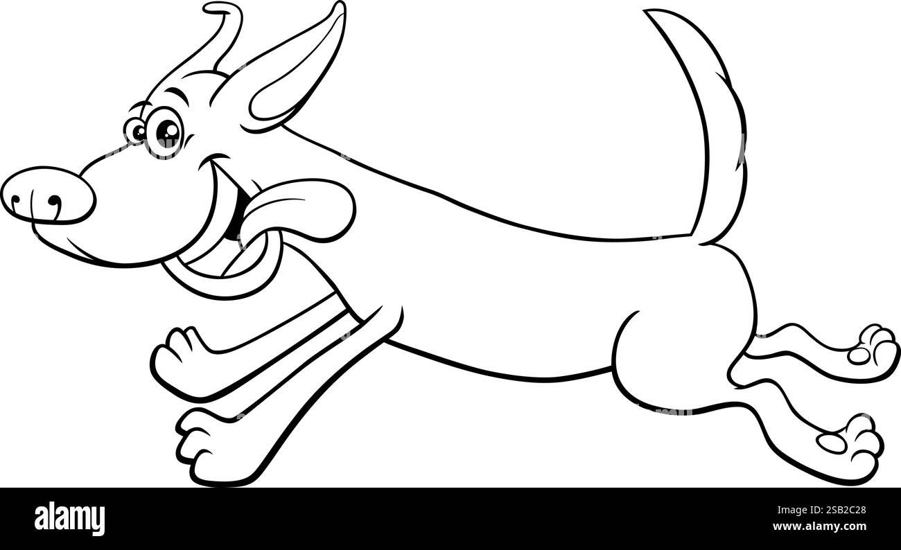 Illustrazione cartoni animati di Happy Running cane fumetto animaletto pagina di colorazione dei personaggi Illustrazione Vettoriale