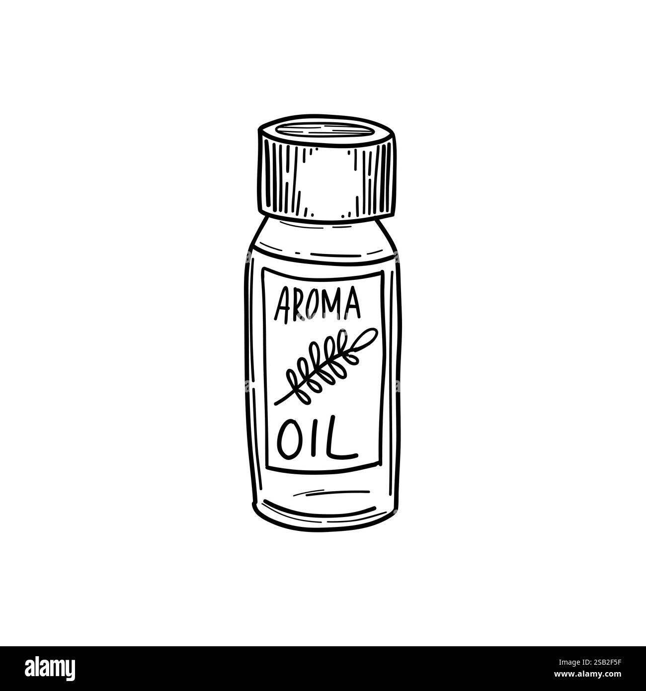 Bottiglia di olio aromatico disegnata a mano con etichetta biologica. Ideale per benessere, immagini aromaterapiche o illustrazioni a tema spa Illustrazione Vettoriale