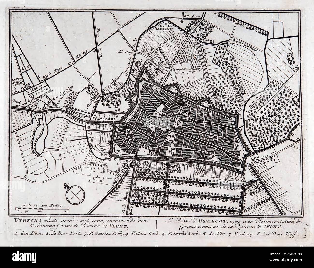 De Zegepraalende Vecht, T'Amsteldam, by de Wed, 1719, Paesi Bassi, giardini, Europa, primi lavori, città e città, opere pittoriche, Vechte, Vechte, Germania e Paesi Bassi, questa illustrazione raffigura una mappa dettagliata della città di Utrecht, che mostra il suo layout durante un periodo storico. La mappa mette in evidenza i confini fortificati della città, indicati da un muro e da un sistema di fossati prominenti, insieme a varie strade e sentieri che attraversano l'area urbana. I principali monumenti, tra cui chiese ed edifici pubblici, sono contrassegnati, per dare uno sguardo alle caratteristiche architettoniche di t Foto Stock
