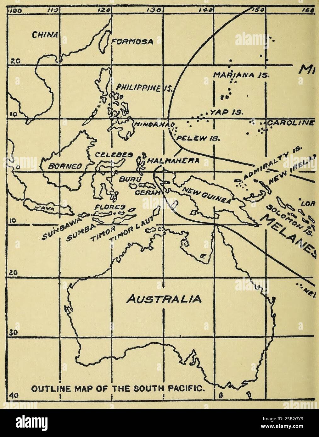 Survival on Land and Sea, Washington, Publications Branch, Office of Naval Intelligence, United States Navy, 1944, cibo, sopravvivenza dopo incidenti aerei, naufragi del Pacifico meridionale, mappa, questa mappa evidenzia la regione del Pacifico meridionale, mostrando una varietà di isole e paesi. A nord-est, la Cina e Formosa sono marcate, insieme alle Filippine e a parti dell'Asia orientale. La parte centrale presenta isole notevoli come il Borneo, Celebes e Halmahera. La mappa identifica anche diversi piccoli gruppi di isole, tra cui le Isole Marianne e le Isole Caroline. A sud-ovest, Australia i. Foto Stock