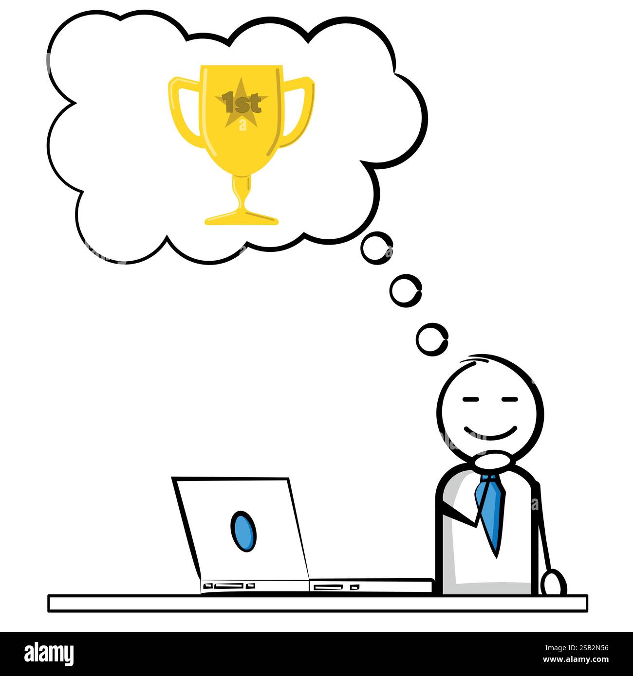 Stickman sogna di vincere e arriva prima con un trofeo in una bolla di pensiero, concetto vincente, isolato su uno sfondo bianco Illustrazione Vettoriale