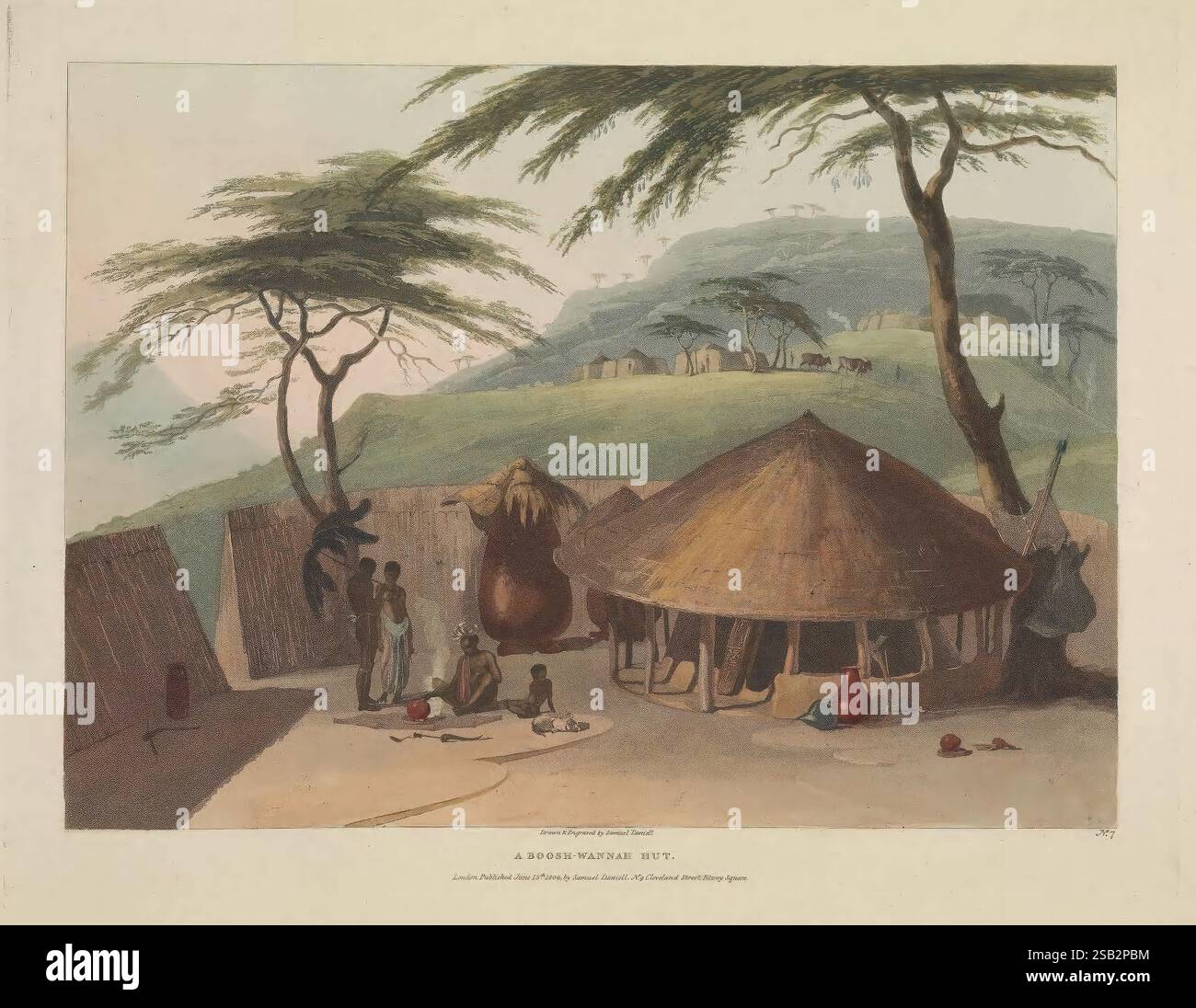 Paesaggi africani e animali Londra 1804-05 Africa storia naturale meridionale opere pittoriche zoologiche, la scena raffigura un tradizionale villaggio, che mostra una capanna di paglia circondata da vegetazione lussureggiante e colline ondulate sullo sfondo. In primo piano, un piccolo gruppo di individui si impegna in varie attività, riflettendo la vita quotidiana. Una persona sembra lavorare a terra, mentre altre si trovano nelle vicinanze, sono impegnate in conversazione o osservazione. Il paesaggio presenta alcuni alberi che forniscono ombra, contribuendo a creare un'atmosfera serena. L'ambiente naturale enfatizza la scommessa dell'armonia Foto Stock