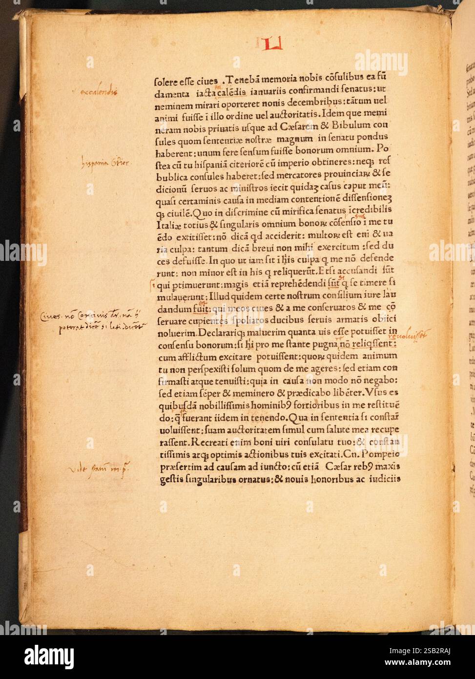 Marco Tullio Cicerone, 106 a.C. - 43 a.C.; Cicerone "Epistulae ad Familiares". Lettere di Cicero pubblicate nel 1477, Bologna Italia. pagina del xv secolo dal libro Foto Stock