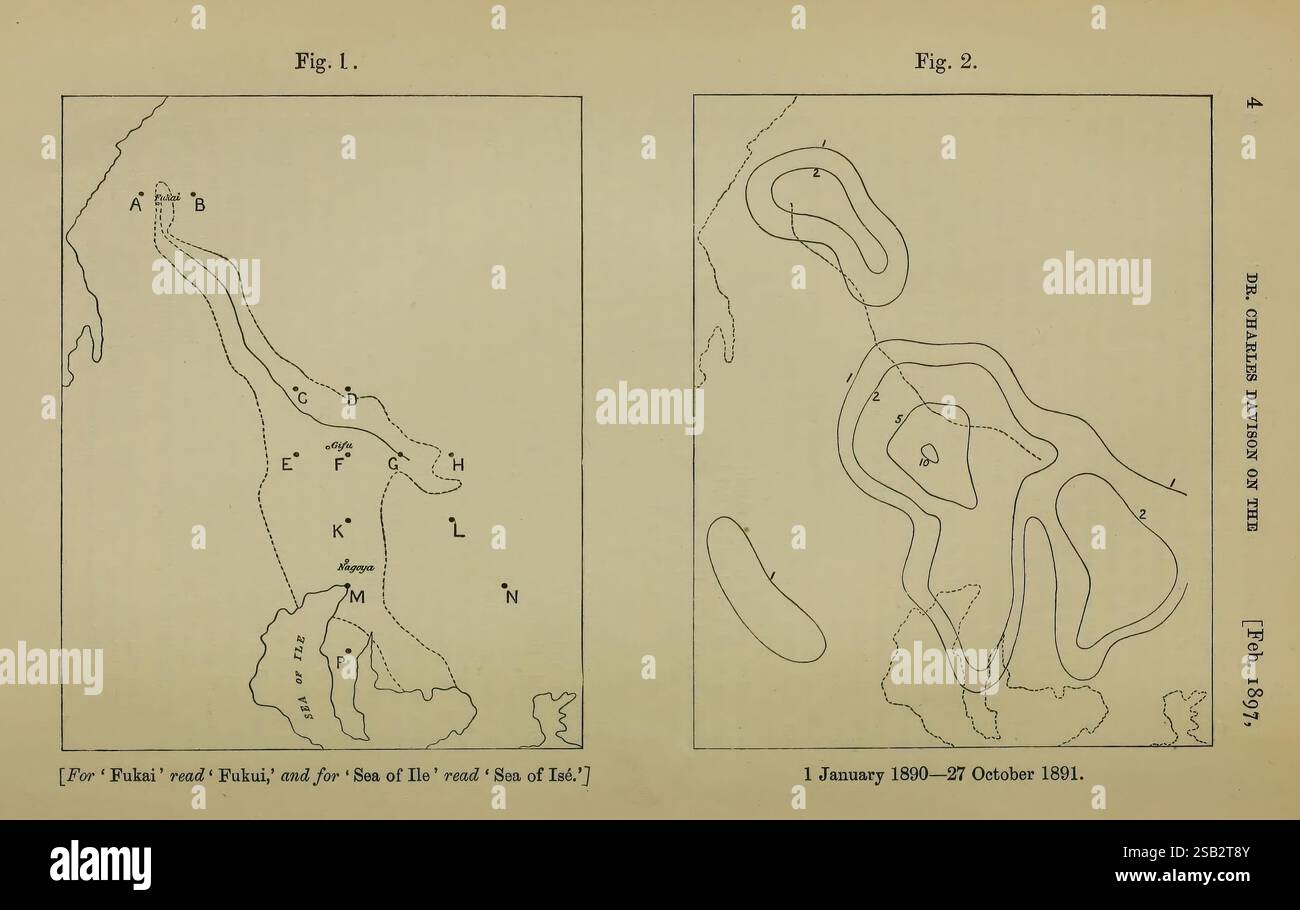 The Quarterly Journal of the Geological Society of London, v. 53 (1897), London, Geology, Periodicals, l'illustrazione presenta due diagrammi relativi ai dati meteorologici. Il diagramma superiore, etichettato come Figura 2, raffigura le isopletrie, linee che rappresentano la stessa pressione atmosferica, su un'area geografica come osservato il 31 gennaio 1894. I contorni delle variazioni di pressione suggeriscono la presenza di sistemi che influenzano i modelli meteorologici. Il diagramma inferiore, etichettato Figura 1, presenta un altro insieme di isopliti, possibilmente dettagliando osservazioni dal sud dell'Inghilterra, con marcature distintive che indicano Foto Stock