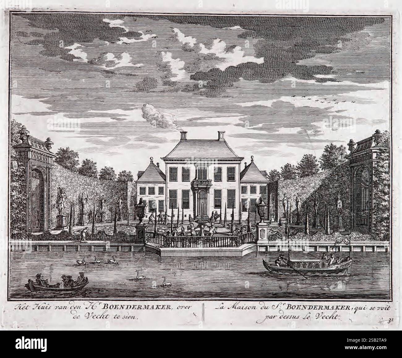 De zegepraalende Vecht, T'Amsteldam, by de Wed, 1719, Paesi Bassi, giardini, Europa, primi lavori, città e città, opere pittoriche, il fiume Vechte, il fiume Vechte in Germania e nei Paesi Bassi, la scena raffigura un'elegante tenuta con una grande casa situata al centro, che presenta caratteristiche architettoniche distintive come tetti a spiovente e grandi finestre. Intorno all'albergo si trovano giardini meticolosamente disposti, caratterizzati da siepi e sentieri ben rifiniti. In primo piano si può vedere un corso d'acqua, con piccole imbarcazioni che galleggiano dolcemente lungo la superficie. Alberi lussureggianti e arbusti ornamentali incorniciano la tenuta, Foto Stock
