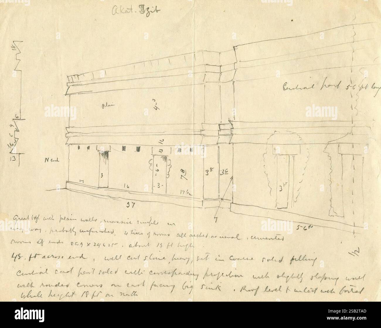 Chichen Itza, Messico, 1895. 1895, Anthropology, Archaeology, Chichen Itza, Field Notes, geologia, illustrazioni, arte maya, Messico, penisola dello Yucatan, Archives, Many Hats of Holmes, l'immagine presenta uno schizzo architettonico dettagliato di una struttura, che mostra varie dimensioni ed elementi di design. Il disegno include sezioni etichettate, che indicano misure specifiche quali altezze e larghezze, con particolare attenzione alle proporzioni delle diverse caratteristiche architettoniche. Le annotazioni intorno allo schizzo descrivono il metodo di costruzione e i materiali proposti per il progetto. Inoltre, Foto Stock