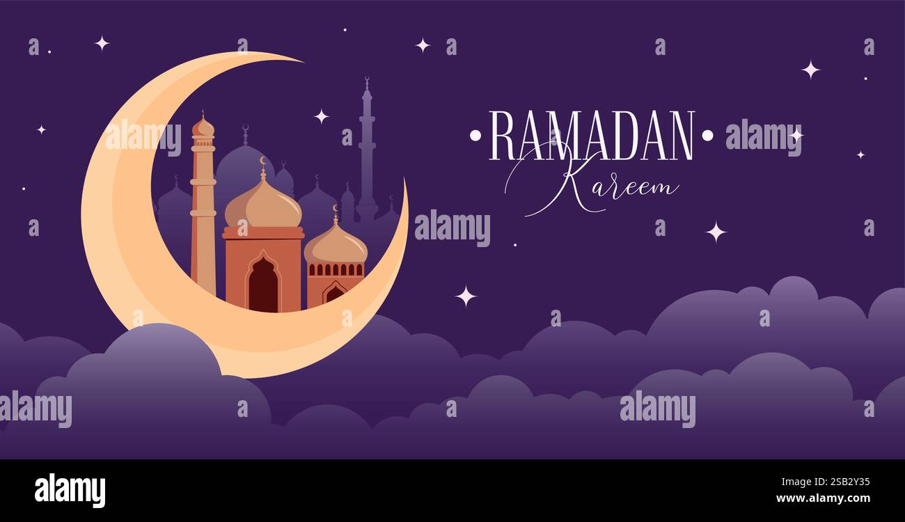 Modello di biglietto d'auguri vettoriale Ramadan Kareem. Banner sui social media, poster Ramadan Layout Crescent Moon, Mosque Dome. Background islamico buono per Illustrazione Vettoriale