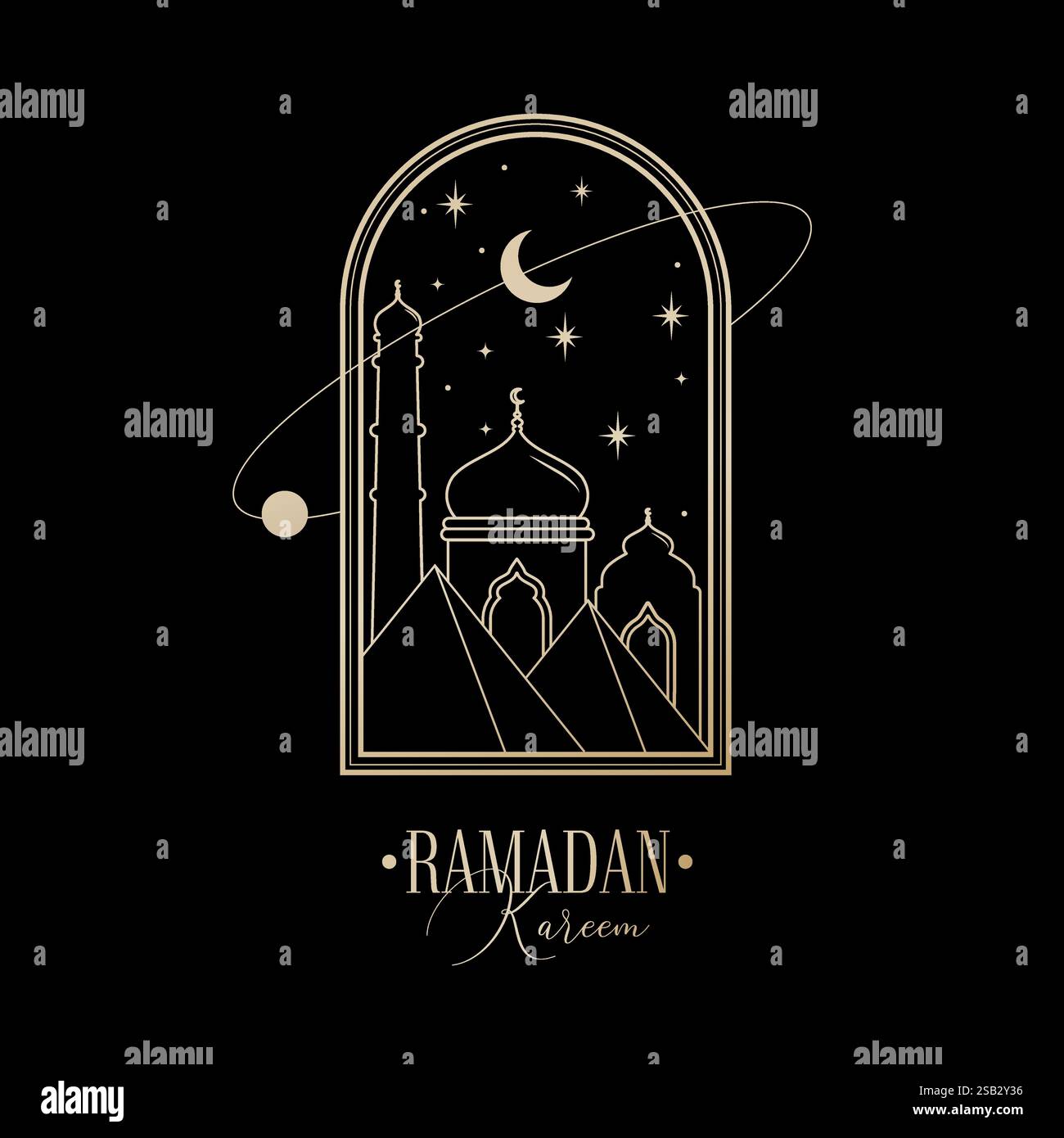 Sfondo del Ramadan Kareem con piramidi egiziane, moschea sotto una Luna Mezzaluna in una cornice ad arco. Ramadan Mubarak saluto modello di post sui social media Illustrazione Vettoriale