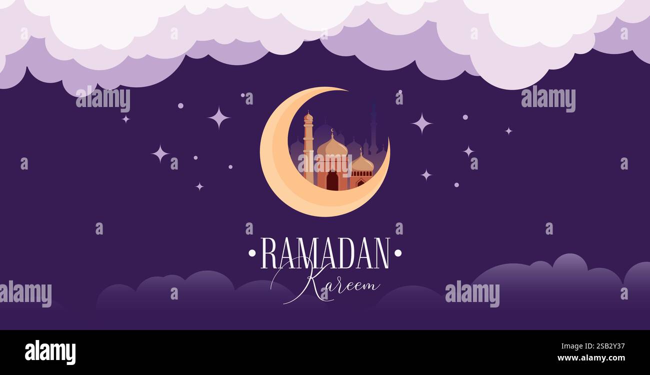 Modello di biglietto d'auguri vettoriale Ramadan Kareem. Banner sui social media, poster Ramadan Layout Crescent Moon, Fanoos, Mosque Dome e Arches. Islamico Illustrazione Vettoriale