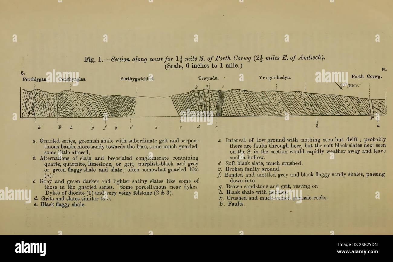 The Quarterly Journal of the Geological Society of London, v. 38 (1882), London, Geology, Periodicals, l'illustrazione presenta una sezione geologica di un'area specifica, etichettata con varie formazioni e tipi di roccia. Le annotazioni dettagliate indicano la stratigrafia, evidenziando diversi strati come rocce sedimentarie, intrusioni ignee e caratteristiche strutturali come faglie e pieghe. Ogni sezione è meticolosamente numerata e descritta, fornendo informazioni sulla storia geologica e sulla composizione della regione, comprese informazioni sullo spessore, le caratteristiche materiali e la potenza Foto Stock