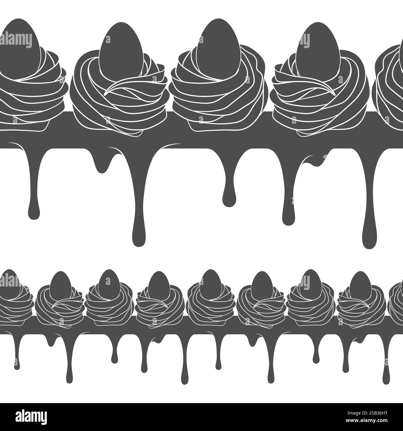 Motivo orizzontale senza cuciture con torta panna di Pasqua decorata con uova. Sfondo bianco e nero vettoriale. Illustrazione Vettoriale