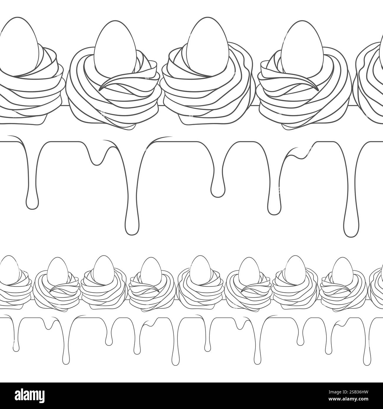 Motivo orizzontale senza cuciture con torta panna di Pasqua decorata con uova. Sfondo bianco e nero vettoriale. Illustrazione Vettoriale