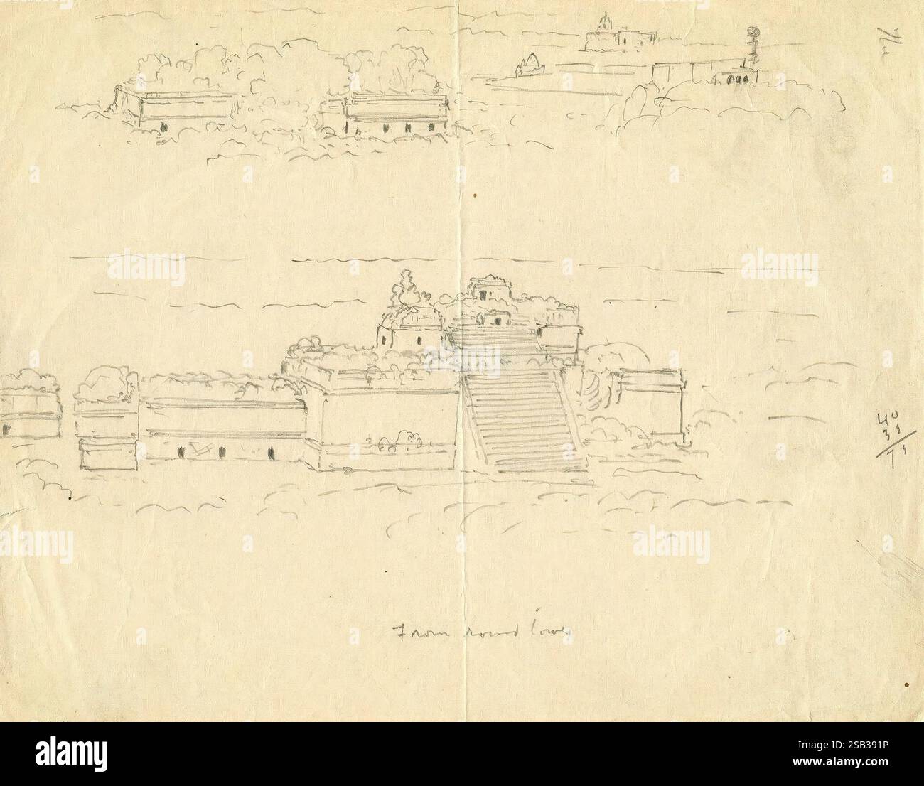 Chichen Itza, Messico, 1895, antropologia, archeologia, Chichen Itza, note sul campo, geologia, illustrazioni, arte maya, Messico, Penisola dello Yucatan, Archivi, molti cappelli di Holmes, la scena raffigura un paesaggio sereno con strutture lontane parzialmente oscurate dagli alberi, suggerendo elementi architettonici come cupole e scale. In primo piano, una struttura prominente si erge con una scalinata che vi conduce, circondata da lussureggiante vegetazione. Lo sfondo presenta contorni leggermente definiti di edifici e alberi aggiuntivi, creando un'atmosfera di tranquillità e significato storico. Il delicato lin Foto Stock Chichen Itza, Messico, 1895, antropologia, archeologia, Chichen Itza, note sul campo, geologia, illustrazioni, arte maya, Messico, Penisola dello Yucatan, Archivi, molti cappelli di Holmes, la scena raffigura un paesaggio sereno con strutture lontane parzialmente oscurate dagli alberi, suggerendo elementi architettonici come cupole e scale. In primo piano, una struttura prominente si erge con una scalinata che vi conduce, circondata da lussureggiante vegetazione. Lo sfondo presenta contorni leggermente definiti di edifici e alberi aggiuntivi, creando un'atmosfera di tranquillità e significato storico. Il delicato lin Foto Stock