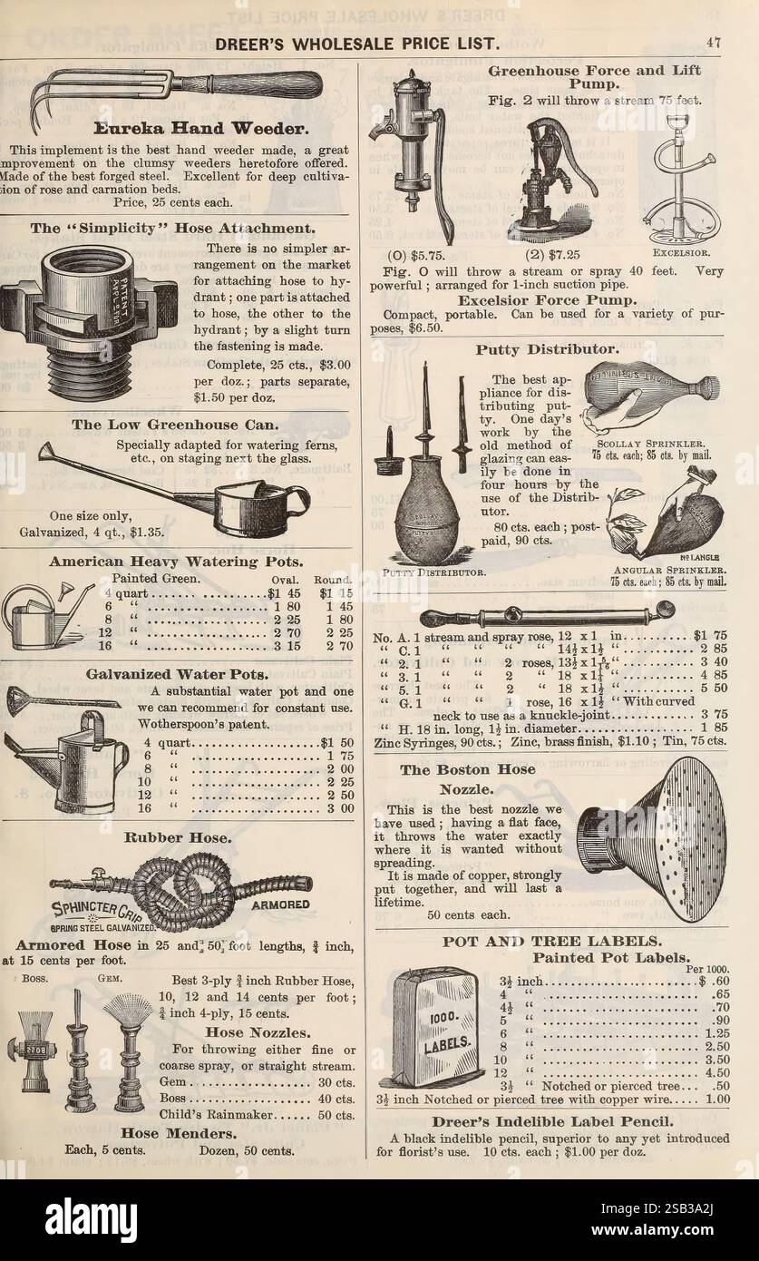 Dreer's wholesale price list, Philadelphia, Pa, The Company, fiori, philadelphia, pennsylvania, semi, cataloghi, stock di vivai, vivai orticoltura, bulbi piante, industria e commercio di sementi, Dreer Henry A Firm, attrezzi e attrezzi da giardino, storie da giardino, in fiore, la pagina presenta una varietà di attrezzi da giardinaggio e agricoli, insieme ai loro prezzi. Tra gli elementi di spicco figurano la "tessitrice a mano Eureka", progettata per sradicare efficacemente le erbacce, e l'accessorio per zoccoli "Simplicity", che semplifica le attività di zoccolo. Altri strumenti elencati sono "The Low Greenhouse CAN", progettato per irrigare con precisione Foto Stock