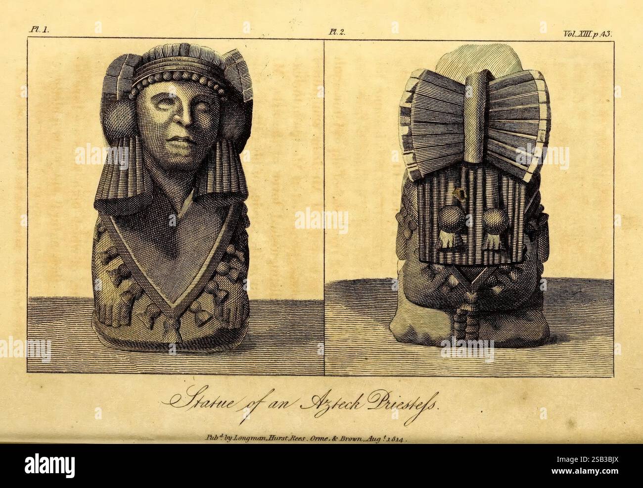 Ricerche riguardanti le istituzioni e i monumenti degli antichi abitanti d'America, Londra, pubblicate da Longman, Hurst, Rees, orme & Brown, J. Murray & H. Colburn, 1814, ande, antichità, descrizione e viaggio, indiani del messico, indiani del Sud america, messico, perù, questa opera d'arte presenta due dettagliate illustrazioni di antiche sculture egiziane, che mostrano l'artigianato e lo stile caratteristici del periodo. La figura superiore presenta un sarcofago adornato da intricate incisioni e geroglifici, che sottolinea il significato spirituale dell'aldilà nell'antico cultu egiziano Foto Stock