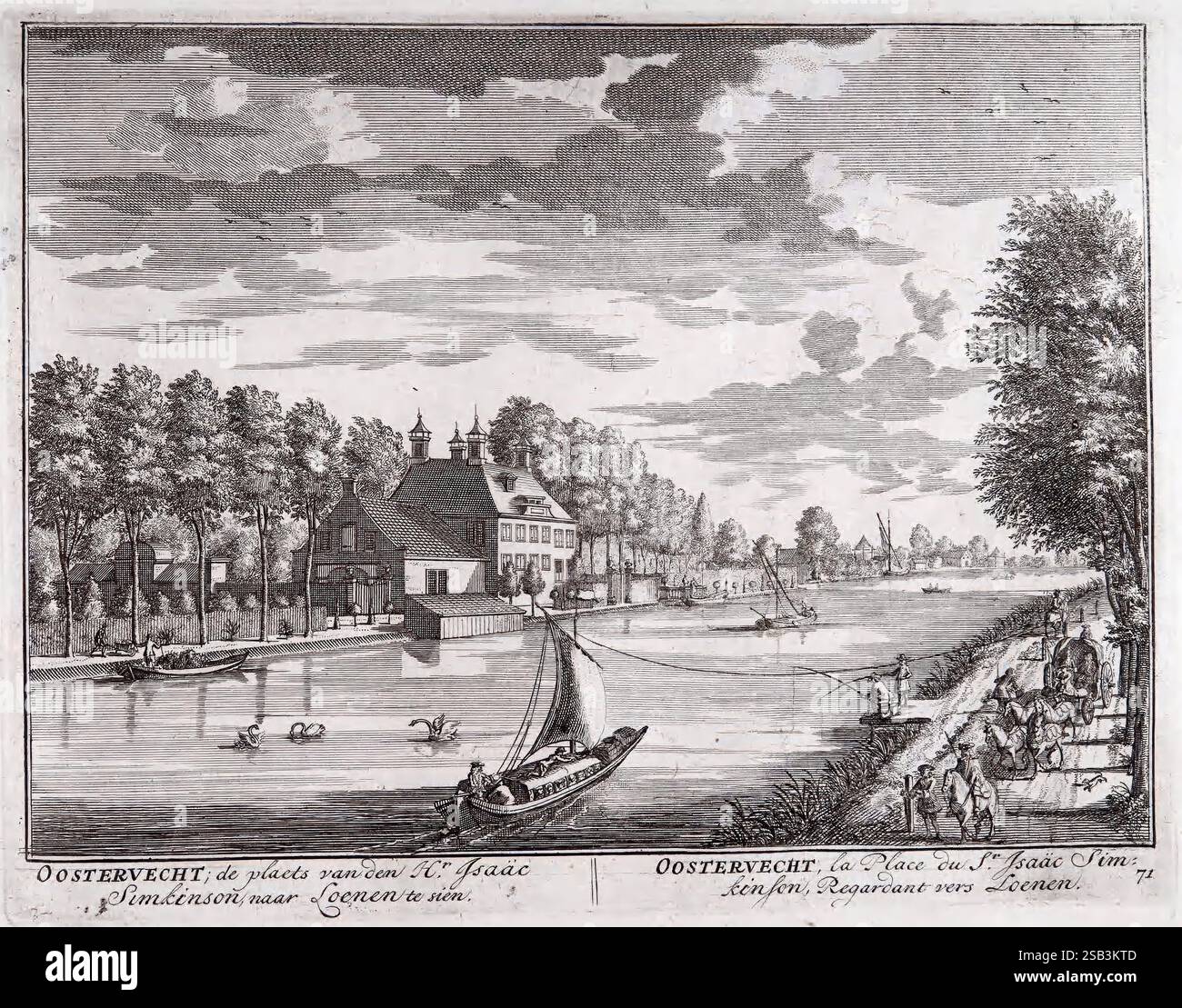 De zegepraalende Vecht, T'Amsteldam, by de Wed, 1719, Paesi Bassi, giardini, Europa, primi lavori, città e città, opere pittoriche, colora le nostre collezioni, il fiume Vechte, il fiume Vechte, la Germania e i Paesi Bassi, Un tranquillo paesaggio lungo il fiume caratterizzato da un pittoresco villaggio annidato lungo l'acqua. In primo piano viene ormeggiata una barca modesta con vela, mentre altre imbarcazioni più piccole galleggiano dolcemente sulla superficie. Alberi lussureggianti fiancheggiano la riva del fiume, fornendo uno sfondo sereno all'affascinante architettura del villaggio, caratterizzata da tetti spioventi e torri. Le persone possono essere viste passeggiare lungo la riva, ingaggiando me Foto Stock