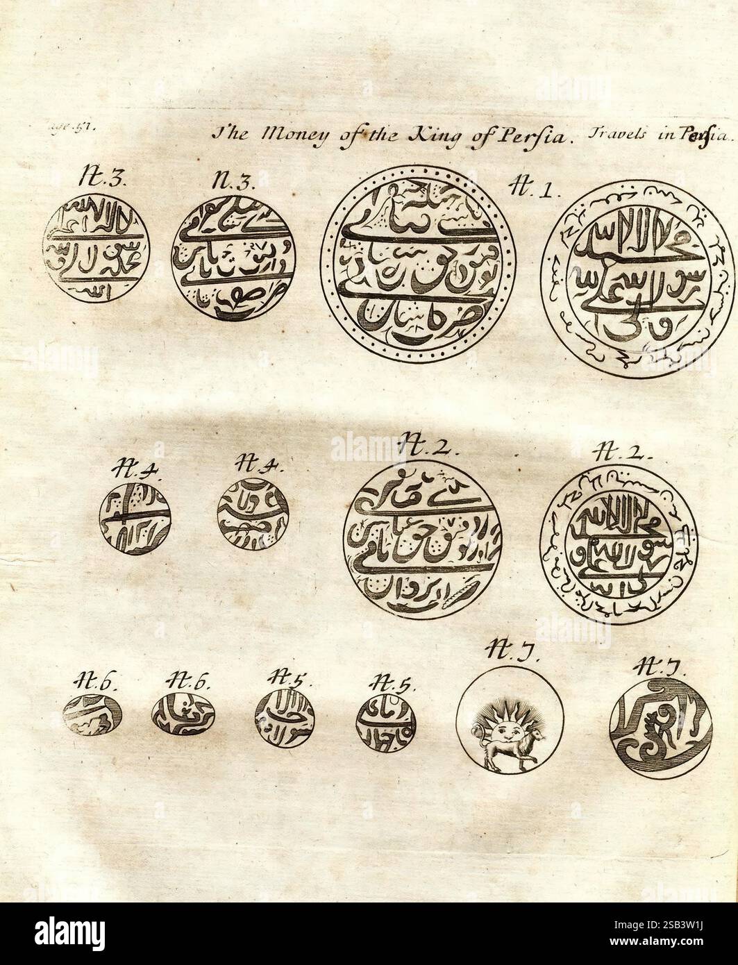I sei viaggi di John Baptista Tavernier, Londra, stampati per R.L. e M.. P, 1678. India, Turchia, Iran, Descrizione e viaggi, viaggi e viaggi, viaggi, l'immagine mostra una serie di illustrazioni dettagliate delle monete, raffiguranti vari disegni e iscrizioni. Ogni moneta è numerata ed etichettata, fornendo informazioni sulle loro caratteristiche e origini. Le iscrizioni presentano un'intricata calligrafia e simboli, che rappresentano aspetti culturali e storici delle monete, attribuiti al regno del re di Persia. La disposizione mostra monete di varie dimensioni e disegni, highlighti Foto Stock