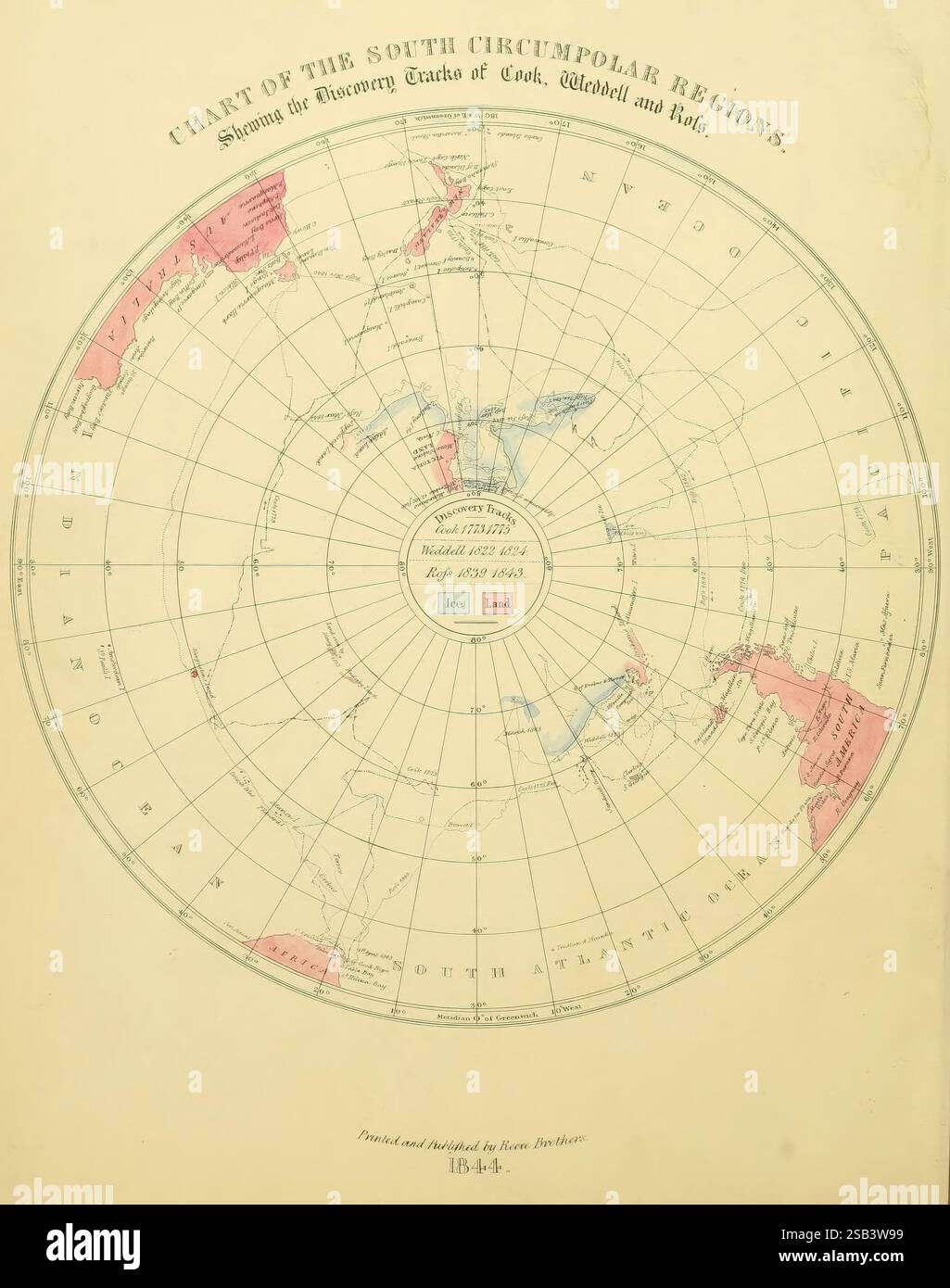 The Zoology of the Voyage of the H.M.S. Erebus & Terror v.1, Londra, E. W. Janson, 1844-1875, Antartide, Australia, Erebus and Terror Expedition, 1839-43, nuova Zelanda, spedizioni scientifiche, zoologia, Woods Hole, geo:County= nuova Zelanda, specie della nuova Zelanda, Una mappa storica che raffigura la regione Circumpolare meridionale, che descrive i percorsi di scoperta di esploratori come Cook, Weddell e Ross. La mappa è organizzata in un layout circolare, che mostra varie masse di terra e rotte marittime, con aree specifiche evidenziate in rosa per indicare terra o scoperte notevoli. Il grafico presenta diverse annotazioni correlate Foto Stock