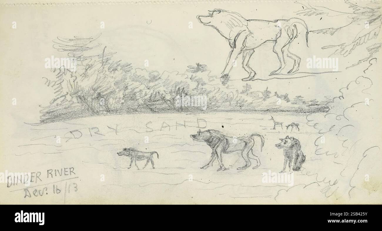 Libri di schizzi Sudan di Abel Chapman, tra il 1913 e il 1919, la scena raffigura un tranquillo ambiente lungo il fiume, che mostra una collezione di animali che pascolano e bevono vicino al bordo dell'acqua. In primo piano, un cavallo si erge su una sponda più alta, la sua figura catturata in posa naturalistica, mentre diversi cani vagano nelle vicinanze, apparentemente impegnati in varie attività. Lo sfondo presenta alberi fitti e fogliame, che aggiungono profondità al paesaggio. L'ambiente appare calmo e sereno, suggerendo un'interazione armoniosa tra gli animali e il loro ambiente, completata da linee semplici e fluide che trasmettono Foto Stock