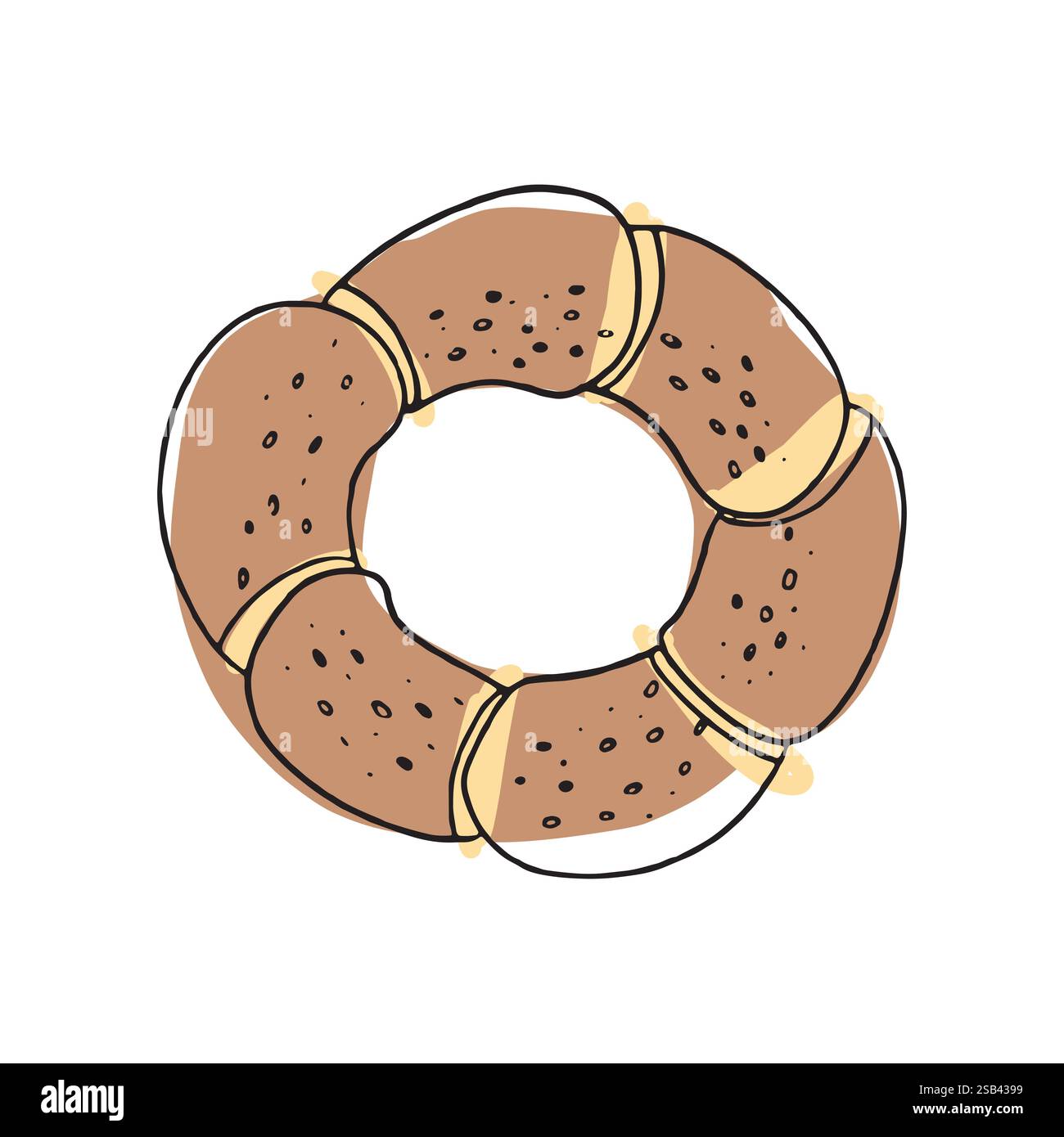 Tradizionale design turco di bagel con rivestimento di sesamo, che enfatizza la cultura del cibo di strada. Perfetto per le illustrazioni di panificio, viaggio o colazione Illustrazione Vettoriale