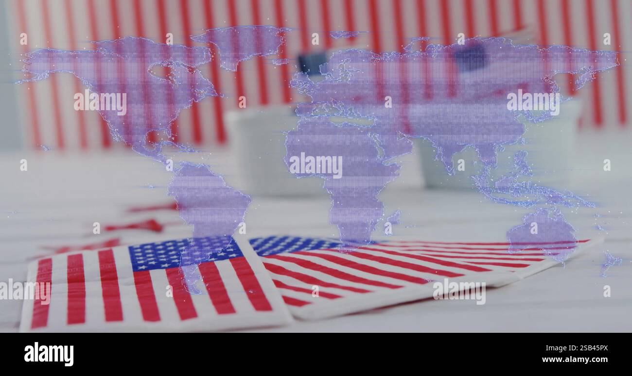 Immagine della mappa mondiale sulle bandiere americane e sfondo a righe Foto Stock