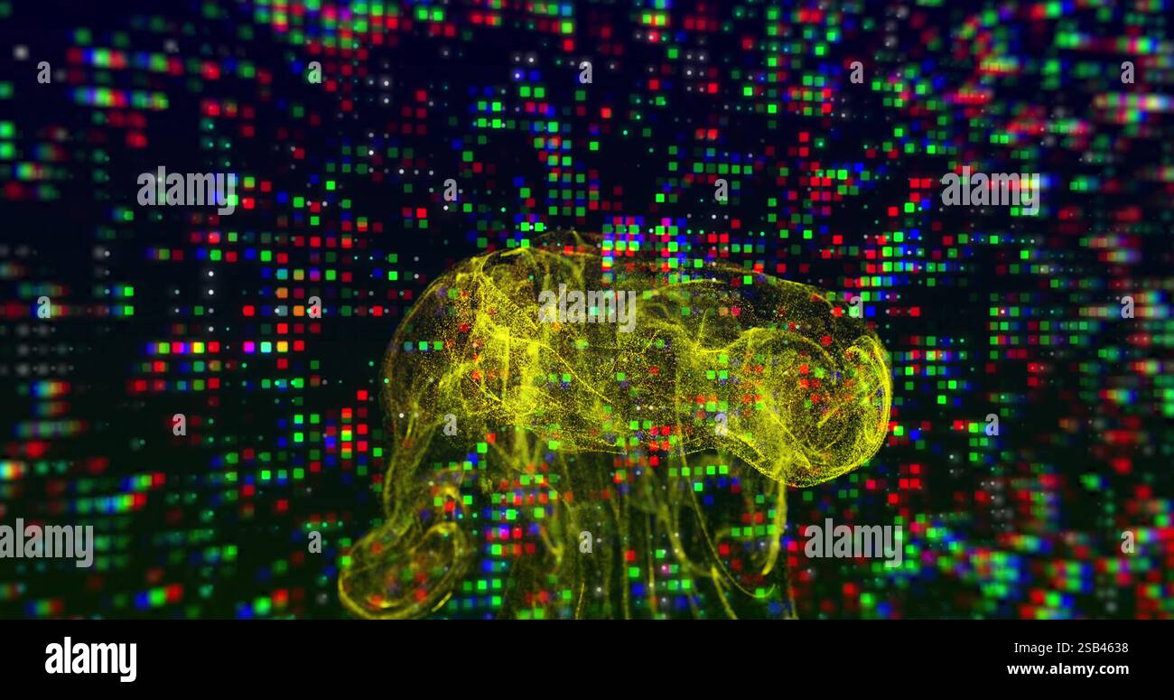 Immagine di meduse gialle al neon su sfondo digitale colorato con pixel Foto Stock