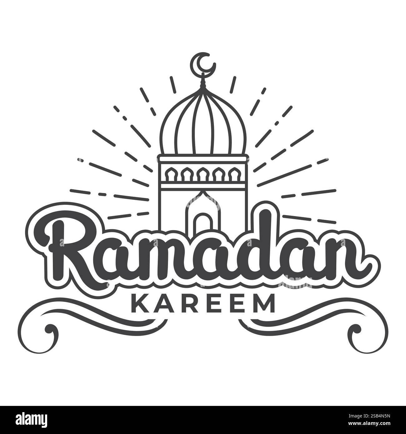 Un disegno grafico con le parole Ramadan Kareem e una cupola stilizzata della moschea, che simboleggia il mese sacro islamico. Illustrazione Vettoriale