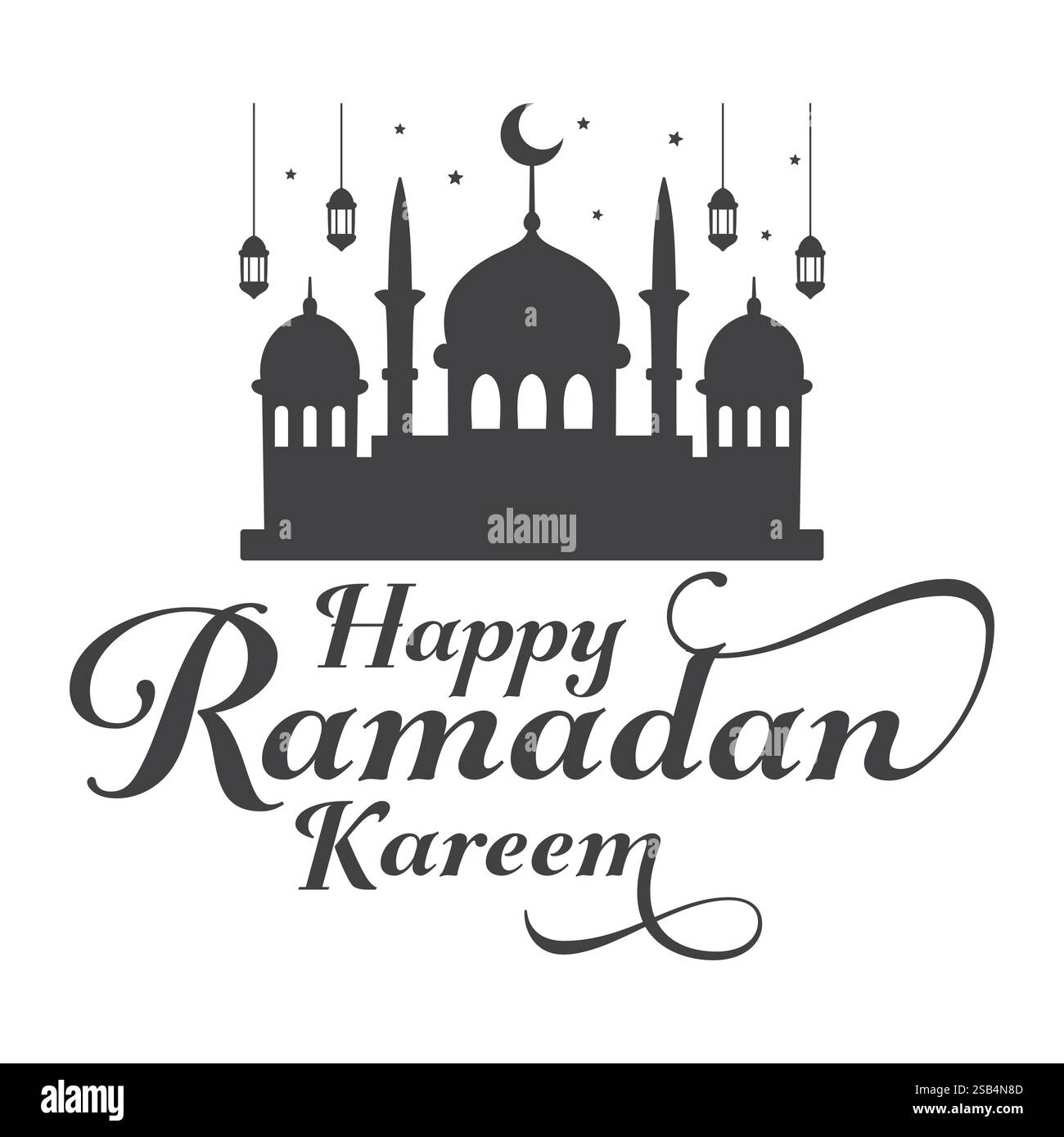 Un semplice disegno grafico raffigura una moschea con lanterne appese e stelle che celebrano il felice Ramadan Kareem. Illustrazione Vettoriale