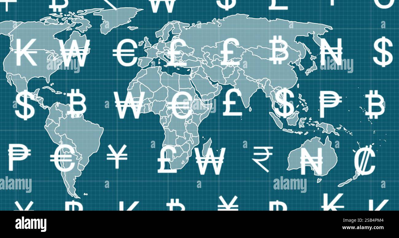 Immagine dei simboli di valuta sulla mappa mondiale Foto Stock