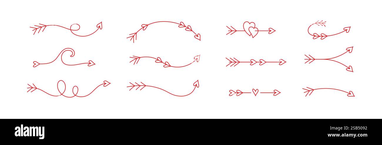 Vengono visualizzati vari disegni decorativi di frecce, con linee curve, cuori e stili diversi. Ideale per migliorare inviti, diari o creativi Illustrazione Vettoriale