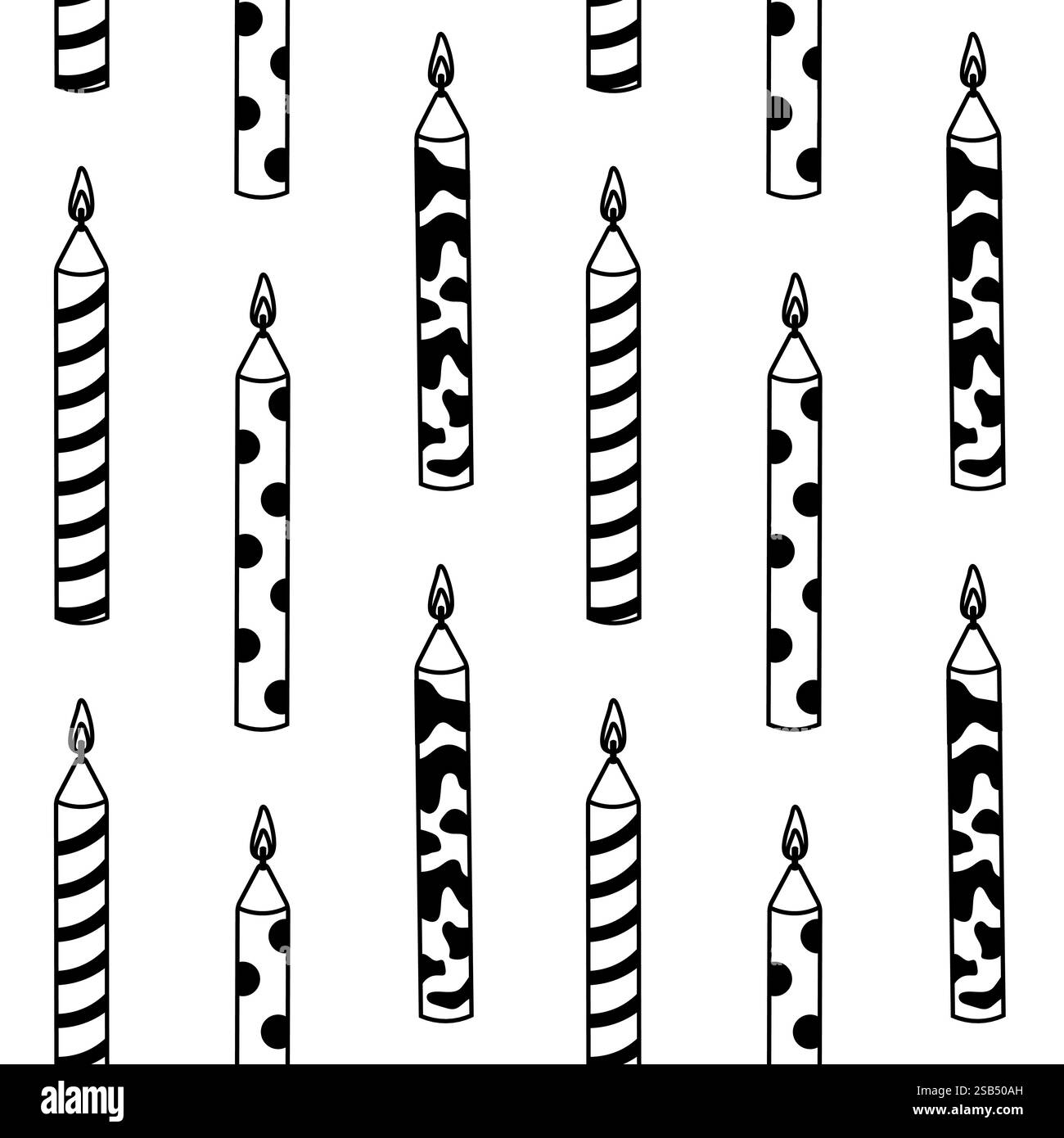 Una varietà di candele bianche e nere con diversi motivi sono disposte in un design ripetuto, ideale per le occasioni di festa. Illustrazione Vettoriale