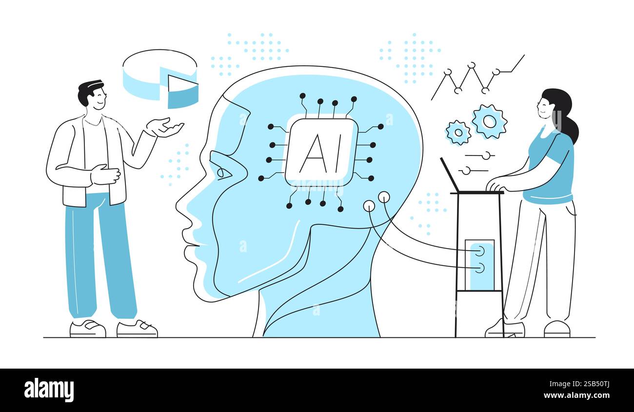 Automazione robotica dei processi dei flussi di lavoro aziendali. Collaborazione tra esseri umani e intelligenza artificiale. Progettazione Illustrazione Vettoriale