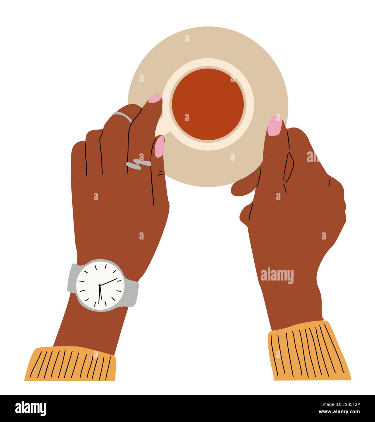 Eleganti mani femminili che prendono una tazza di caffè caldo Illustrazione Vettoriale