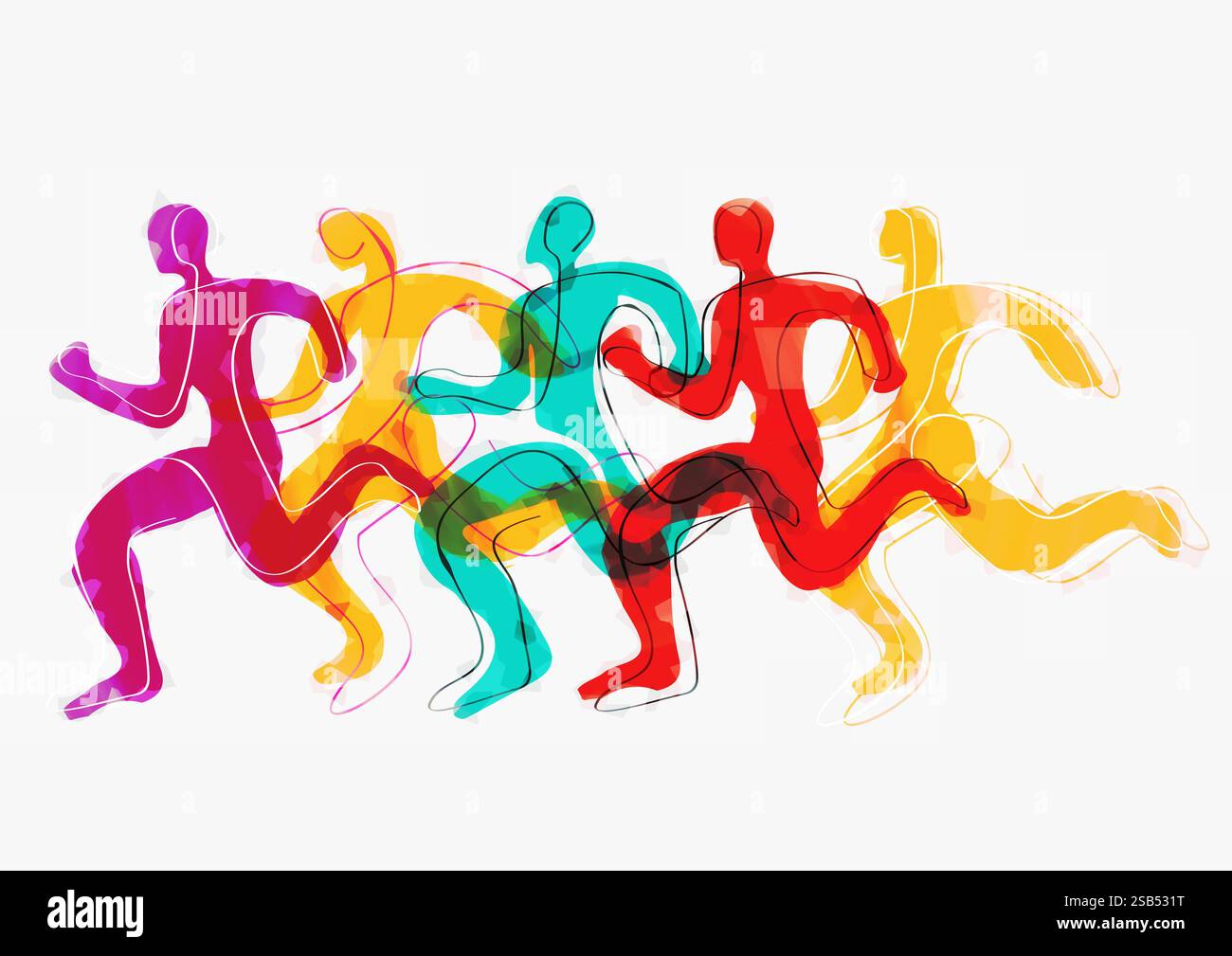 Corsa, maratona, jogging, line art stilizzati. Illustrazione stilizzata di cinque corse. Progettazione di disegni a linea continua. Foto Stock