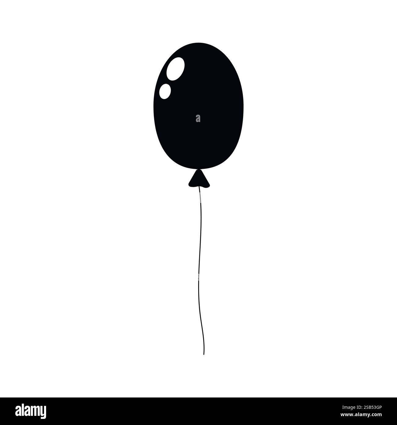 Un palloncino nero solitario si libra con grazia, sospeso da una sottile corda su uno sfondo bianco semplice, creando un aspetto minimalista. Illustrazione Vettoriale